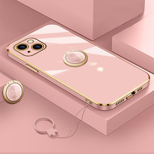Ultra-thin Silicone Gel Soft Case Cover with Magnetic Finger Ring Stand A08 for Apple iPhone 14 Plus Rose Gold