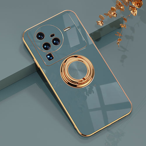 Ultra-thin Silicone Gel Soft Case Cover with Magnetic Finger Ring Stand AN1 for Vivo X80 Pro 5G Lavender Gray