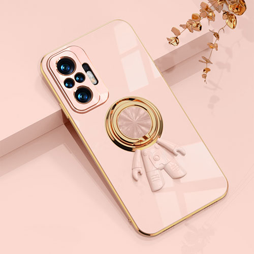 Ultra-thin Silicone Gel Soft Case Cover with Magnetic Finger Ring Stand AN2 for Xiaomi Poco M5S Pink