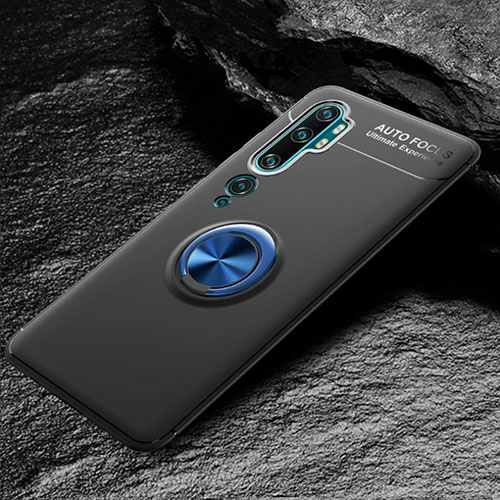 Ultra-thin Silicone Gel Soft Case Cover with Magnetic Finger Ring Stand D01 for Xiaomi Mi Note 10 Pro Blue and Black