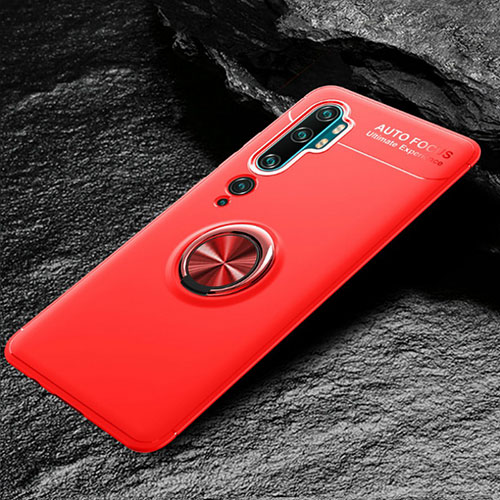 Ultra-thin Silicone Gel Soft Case Cover with Magnetic Finger Ring Stand D01 for Xiaomi Mi Note 10 Red