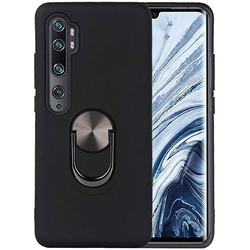 Ultra-thin Silicone Gel Soft Case Cover with Magnetic Finger Ring Stand D04 for Xiaomi Mi Note 10 Pro Black