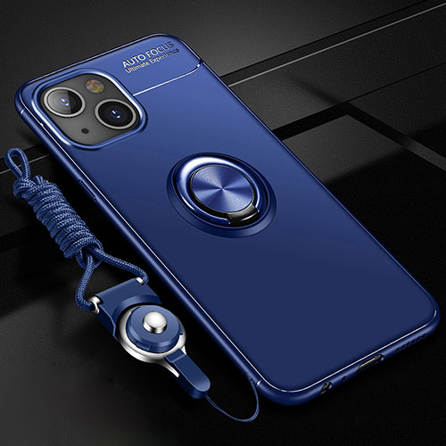 Ultra-thin Silicone Gel Soft Case Cover with Magnetic Finger Ring Stand for Apple iPhone 13 Blue