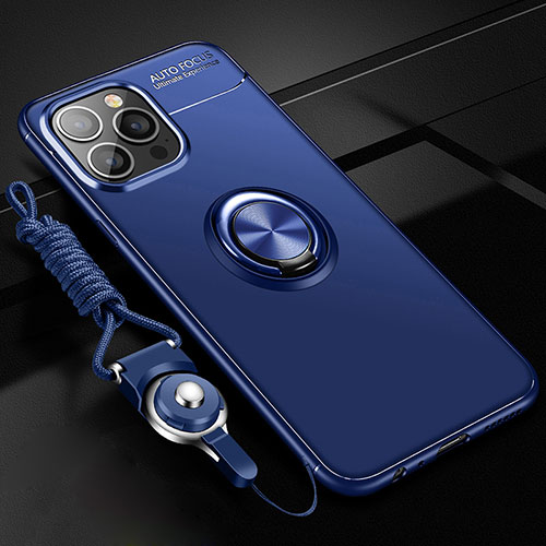 Ultra-thin Silicone Gel Soft Case Cover with Magnetic Finger Ring Stand for Apple iPhone 13 Pro Blue