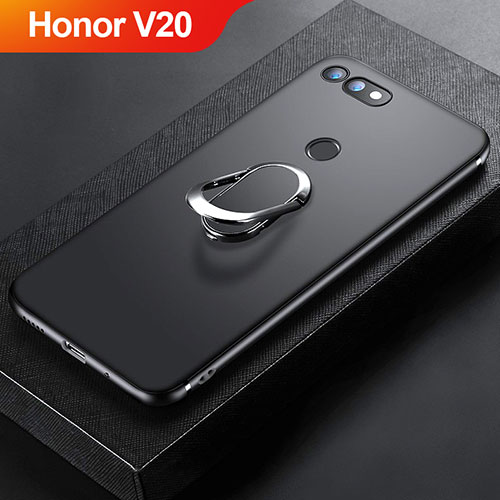 Ultra-thin Silicone Gel Soft Case Cover with Magnetic Finger Ring Stand for Huawei Honor V20 Black