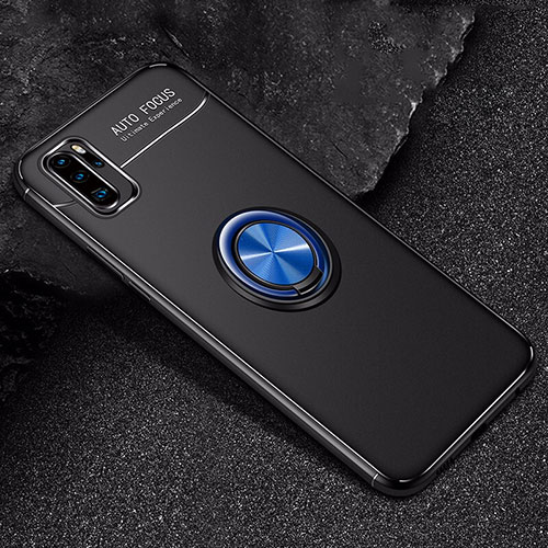 Ultra-thin Silicone Gel Soft Case Cover with Magnetic Finger Ring Stand for Huawei P30 Pro Blue and Black