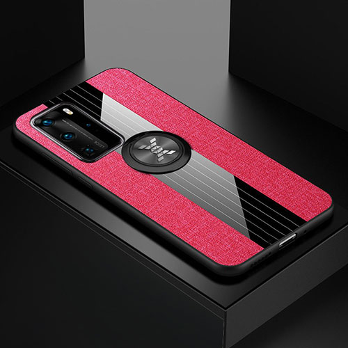 Ultra-thin Silicone Gel Soft Case Cover with Magnetic Finger Ring Stand for Huawei P40 Pro Hot Pink