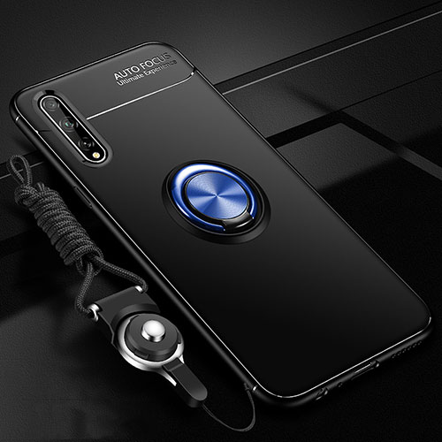 Ultra-thin Silicone Gel Soft Case Cover with Magnetic Finger Ring Stand for Huawei Y8p Blue and Black