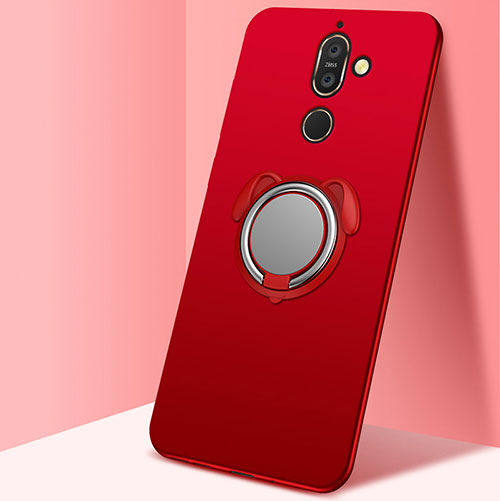 Ultra-thin Silicone Gel Soft Case Cover with Magnetic Finger Ring Stand for Nokia 7 Plus Red