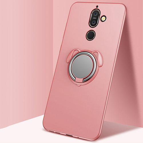 Ultra-thin Silicone Gel Soft Case Cover with Magnetic Finger Ring Stand for Nokia 7 Plus Rose Gold