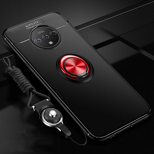 Ultra-thin Silicone Gel Soft Case Cover with Magnetic Finger Ring Stand for OnePlus 7T Red and Black