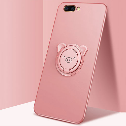 Ultra-thin Silicone Gel Soft Case Cover with Magnetic Finger Ring Stand for Oppo A12e Rose Gold