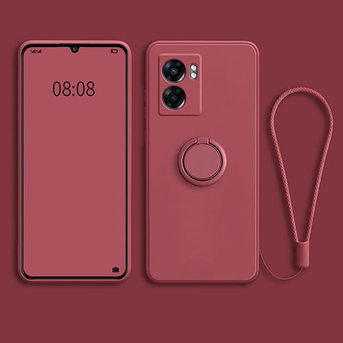 Ultra-thin Silicone Gel Soft Case Cover with Magnetic Finger Ring Stand for Oppo A56S 5G Red