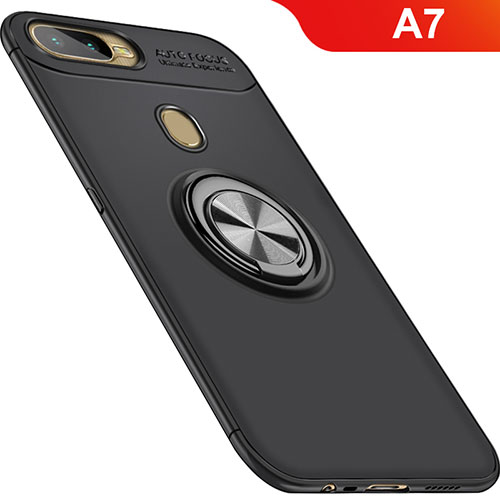 Ultra-thin Silicone Gel Soft Case Cover with Magnetic Finger Ring Stand for Oppo A7 Black