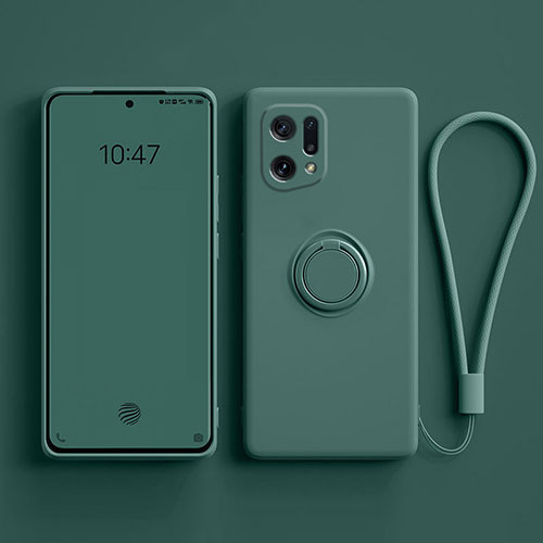 Ultra-thin Silicone Gel Soft Case Cover with Magnetic Finger Ring Stand for Oppo Find X5 5G Midnight Green