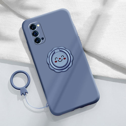 Ultra-thin Silicone Gel Soft Case Cover with Magnetic Finger Ring Stand for Oppo Reno4 5G Gray