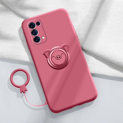 Ultra-thin Silicone Gel Soft Case Cover with Magnetic Finger Ring Stand for Oppo Reno5 5G Red Wine