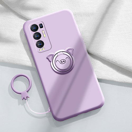 Ultra-thin Silicone Gel Soft Case Cover with Magnetic Finger Ring Stand for Oppo Reno5 Pro+ Plus 5G Clove Purple