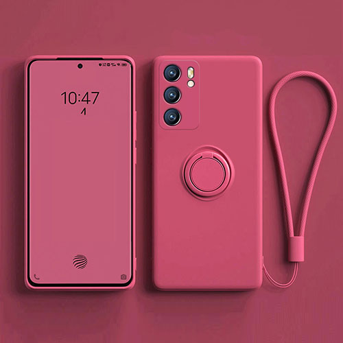 Ultra-thin Silicone Gel Soft Case Cover with Magnetic Finger Ring Stand for Oppo Reno6 Pro 5G India Hot Pink