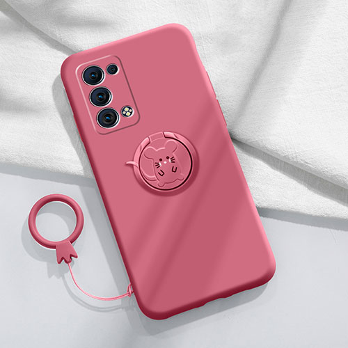 Ultra-thin Silicone Gel Soft Case Cover with Magnetic Finger Ring Stand for Oppo Reno6 Pro+ Plus 5G Red