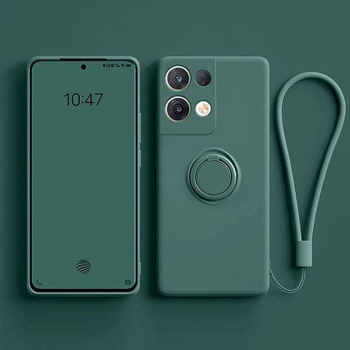 Ultra-thin Silicone Gel Soft Case Cover with Magnetic Finger Ring Stand for Oppo Reno8 5G Midnight Green