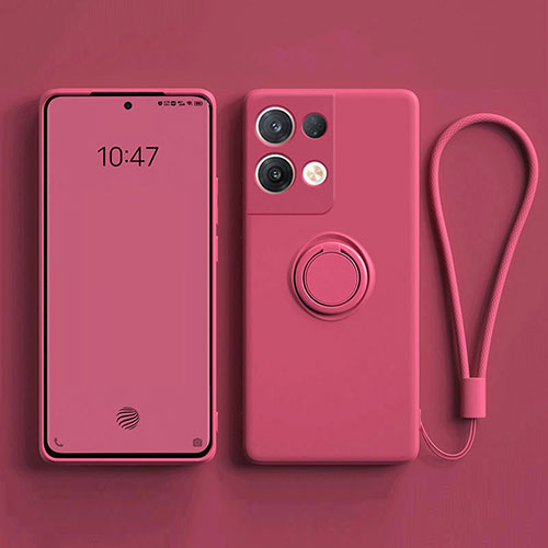 Ultra-thin Silicone Gel Soft Case Cover with Magnetic Finger Ring Stand for Oppo Reno9 5G Hot Pink