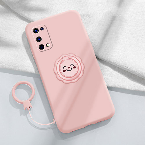 Ultra-thin Silicone Gel Soft Case Cover with Magnetic Finger Ring Stand for Realme Q2 Pro 5G Pink
