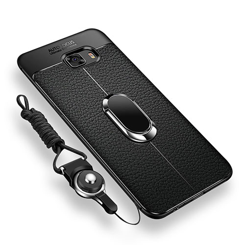Ultra-thin Silicone Gel Soft Case Cover with Magnetic Finger Ring Stand for Samsung Galaxy C9 Pro C9000 Black