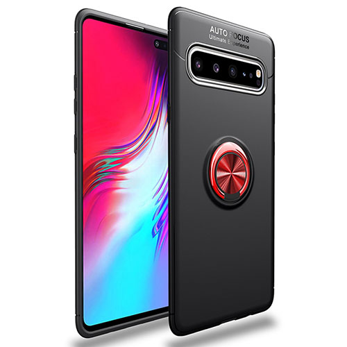 Ultra-thin Silicone Gel Soft Case Cover with Magnetic Finger Ring Stand for Samsung Galaxy S10 5G SM-G977B Red and Black