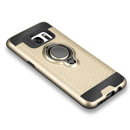Ultra-thin Silicone Gel Soft Case Cover with Magnetic Finger Ring Stand for Samsung Galaxy S7 G930F G930FD Gold