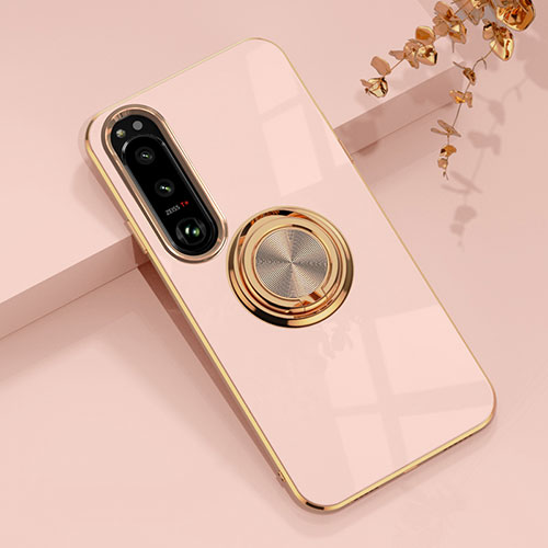 Ultra-thin Silicone Gel Soft Case Cover with Magnetic Finger Ring Stand for Sony Xperia 10 IV Pink