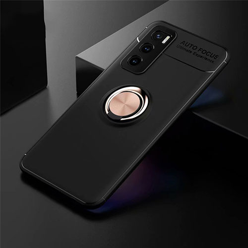 Ultra-thin Silicone Gel Soft Case Cover with Magnetic Finger Ring Stand for Vivo V20 SE Gold and Black