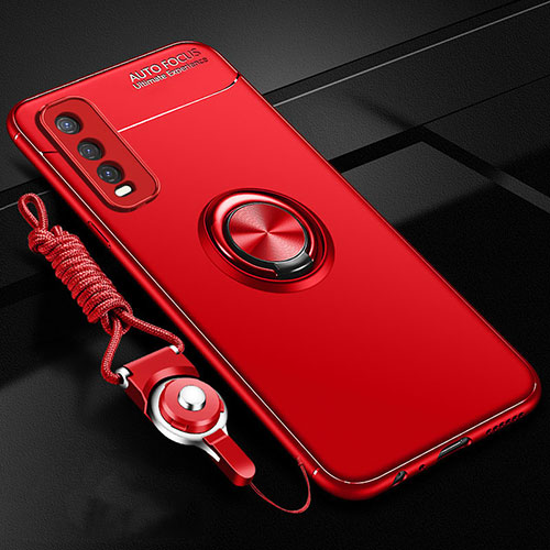 Ultra-thin Silicone Gel Soft Case Cover with Magnetic Finger Ring Stand for Vivo Y20i India Red