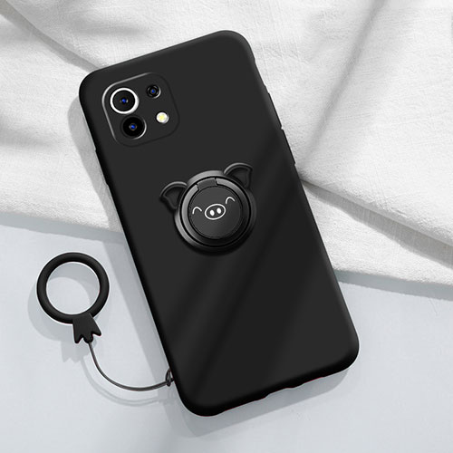 Ultra-thin Silicone Gel Soft Case Cover with Magnetic Finger Ring Stand for Xiaomi Mi 11 5G Black