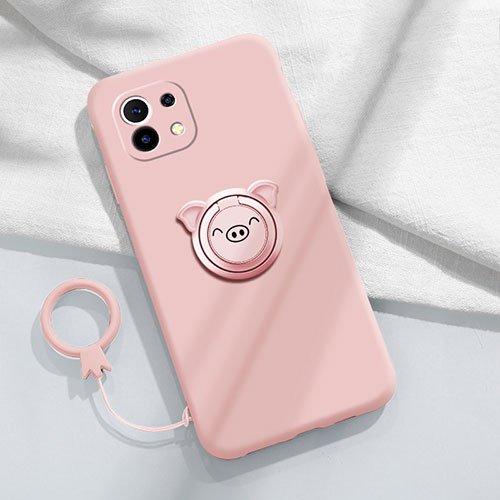 Ultra-thin Silicone Gel Soft Case Cover with Magnetic Finger Ring Stand for Xiaomi Mi 11 5G Pink