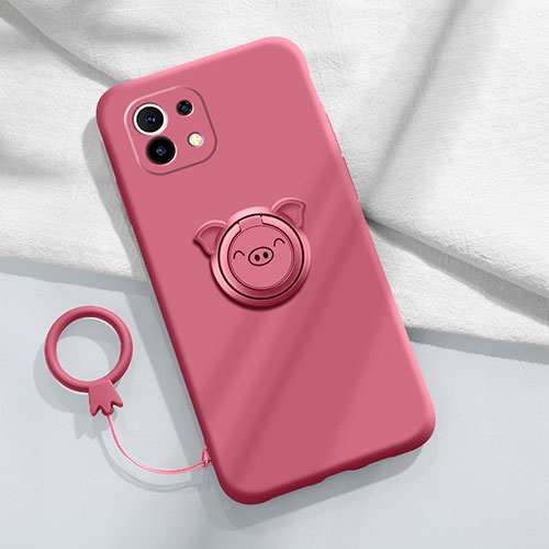 Ultra-thin Silicone Gel Soft Case Cover with Magnetic Finger Ring Stand for Xiaomi Mi 11 5G Red Wine