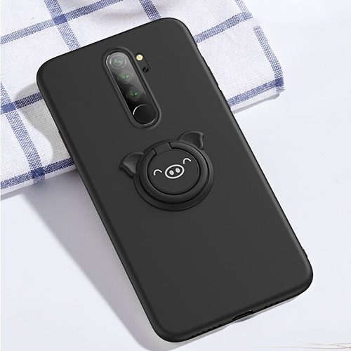 Ultra-thin Silicone Gel Soft Case Cover with Magnetic Finger Ring Stand for Xiaomi Redmi Note 8 Pro Black