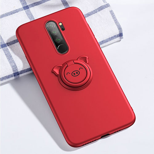 Ultra-thin Silicone Gel Soft Case Cover with Magnetic Finger Ring Stand for Xiaomi Redmi Note 8 Pro Red