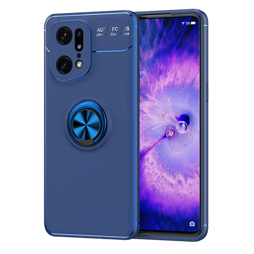 Ultra-thin Silicone Gel Soft Case Cover with Magnetic Finger Ring Stand JM1 for Oppo Find X5 Pro 5G Blue