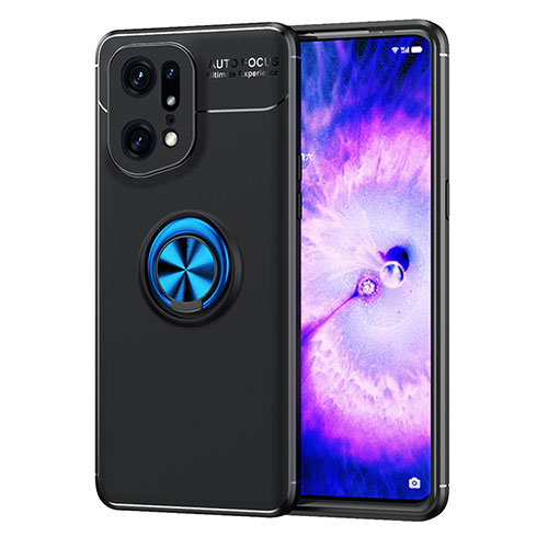 Ultra-thin Silicone Gel Soft Case Cover with Magnetic Finger Ring Stand JM1 for Oppo Find X5 Pro 5G Blue and Black