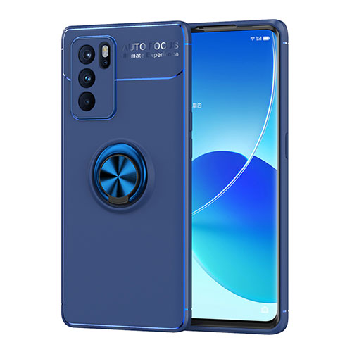 Ultra-thin Silicone Gel Soft Case Cover with Magnetic Finger Ring Stand JM1 for Oppo Reno6 Pro 5G India Blue
