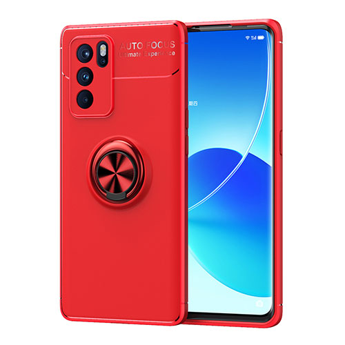 Ultra-thin Silicone Gel Soft Case Cover with Magnetic Finger Ring Stand JM1 for Oppo Reno6 Pro 5G India Red