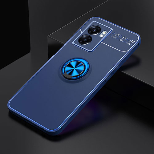 Ultra-thin Silicone Gel Soft Case Cover with Magnetic Finger Ring Stand JM2 for Oppo A56S 5G Blue