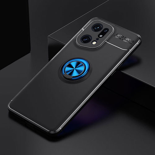 Ultra-thin Silicone Gel Soft Case Cover with Magnetic Finger Ring Stand JM2 for Oppo Find X5 Pro 5G Blue and Black