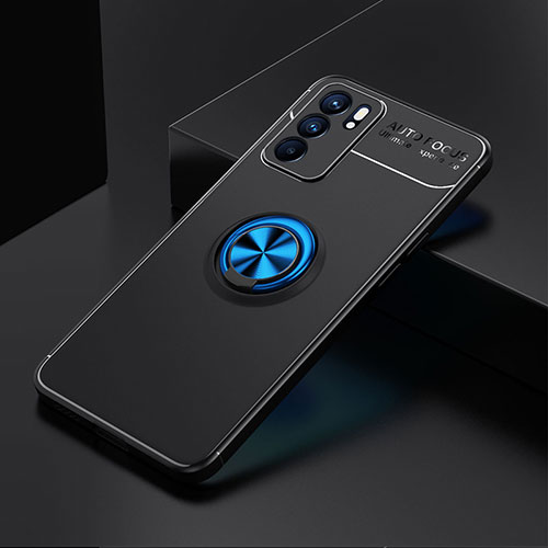 Ultra-thin Silicone Gel Soft Case Cover with Magnetic Finger Ring Stand JM2 for Oppo Reno6 5G Blue and Black