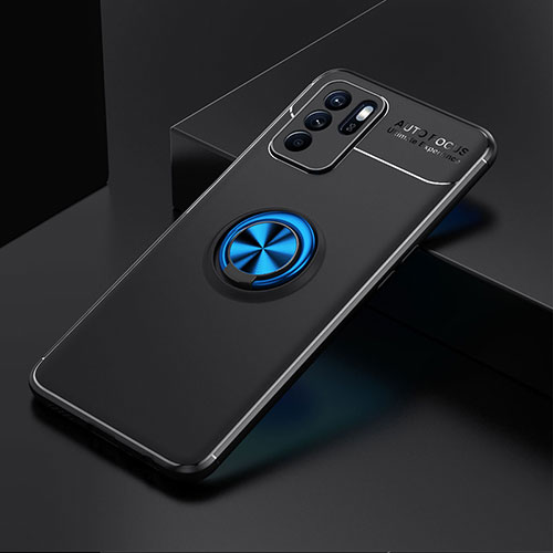 Ultra-thin Silicone Gel Soft Case Cover with Magnetic Finger Ring Stand JM2 for Oppo Reno6 Z 5G Blue and Black