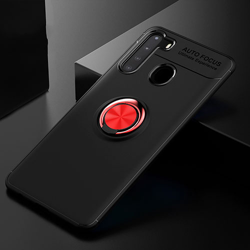 Ultra-thin Silicone Gel Soft Case Cover with Magnetic Finger Ring Stand JM2 for Samsung Galaxy A21 Red and Black