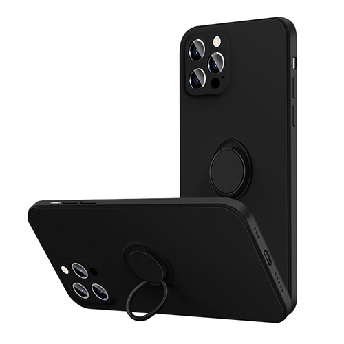 Ultra-thin Silicone Gel Soft Case Cover with Magnetic Finger Ring Stand N01 for Apple iPhone 12 Pro Black