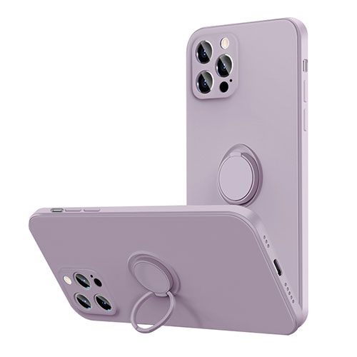 Ultra-thin Silicone Gel Soft Case Cover with Magnetic Finger Ring Stand N01 for Apple iPhone 12 Pro Clove Purple