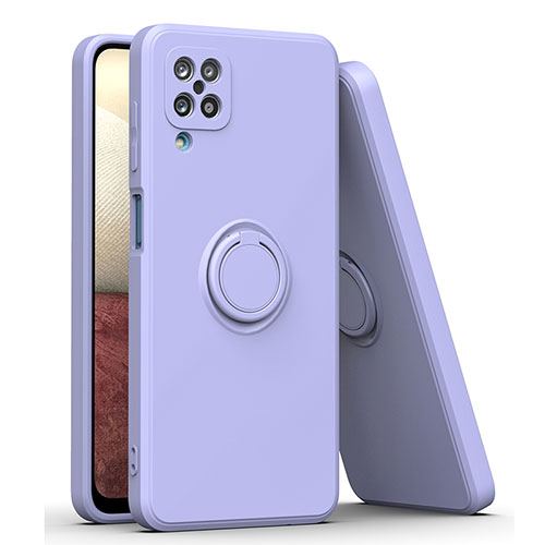 Ultra-thin Silicone Gel Soft Case Cover with Magnetic Finger Ring Stand QW1 for Samsung Galaxy F12 Lavender Gray